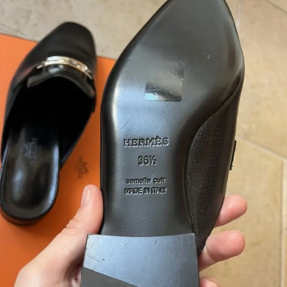 🆕HERMES Mules Flats Black Goatskin Leather Silver-Tone HW Buckle • EU 36.5 • NIB - Picture 5 of 7